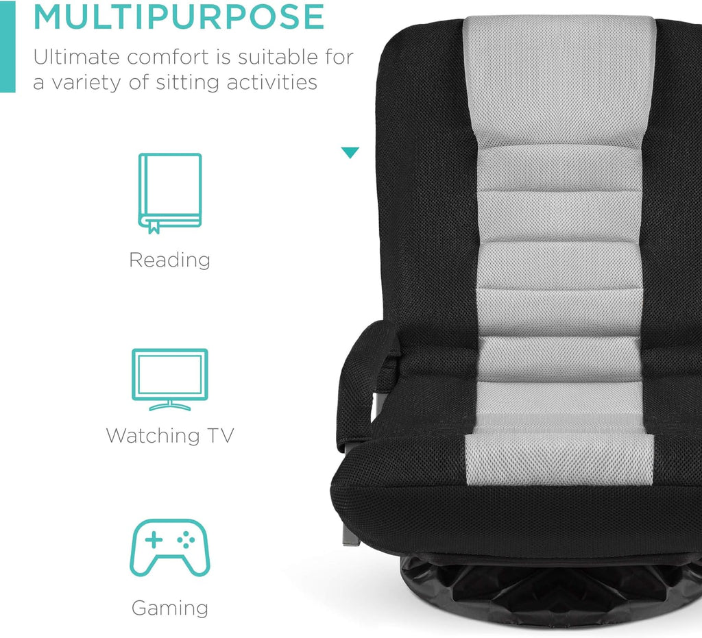 Best Choice Products Swivel Gaming Chair 360 Degree Multipurpose Floor Chair Rocker for TV, Reading, Playing Video Games w/Lumbar Support, Armrest Handles, Adjustable Foldable Backrest - Black/Gray