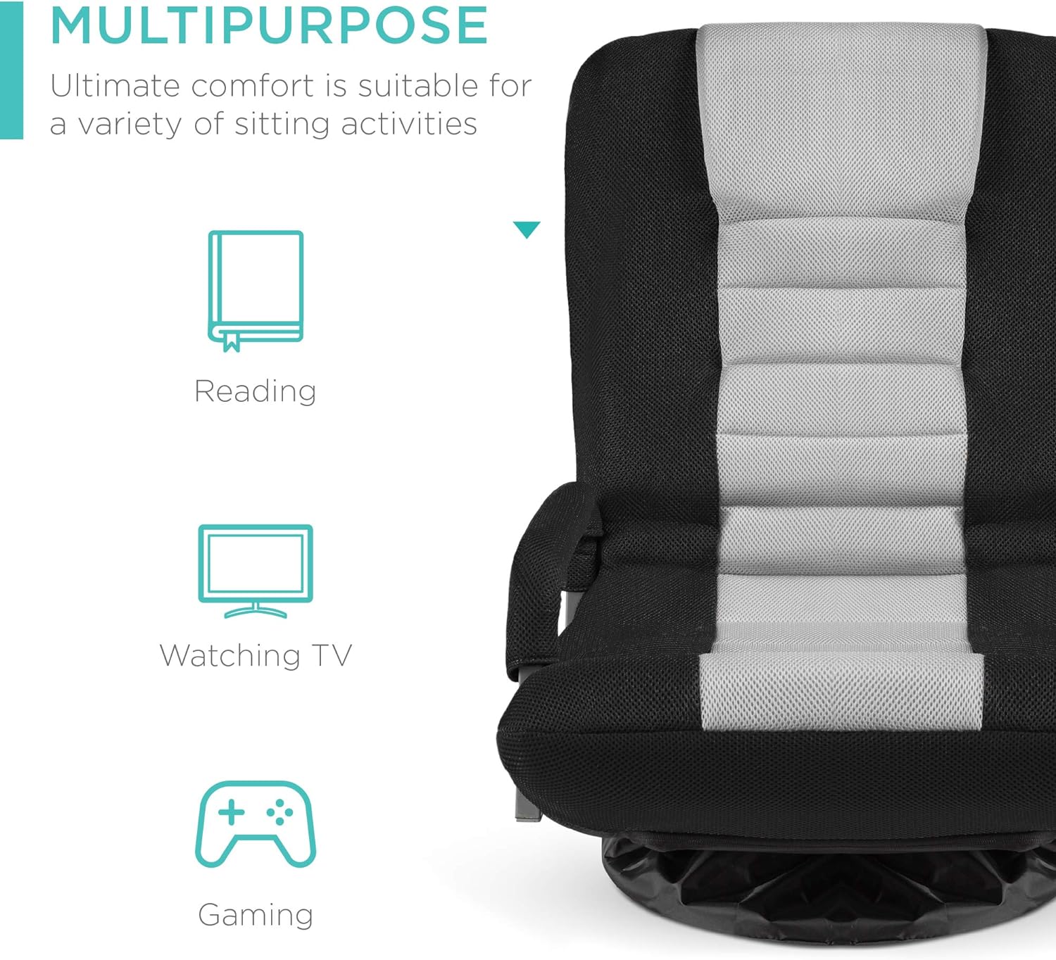 Best Choice Products Swivel Gaming Chair 360 Degree Multipurpose Floor Chair Rocker for TV, Reading, Playing Video Games w/Lumbar Support, Armrest Handles, Adjustable Foldable Backrest - Black/Gray