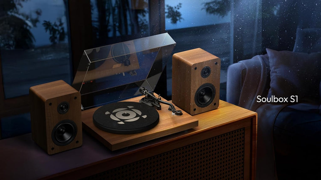 SoulBox S1 Vinyl Record Player with Stereo Speakers  Turntable with Built-in Preamp  S-Shaped Tonearm  33/45 RPM - Walnut