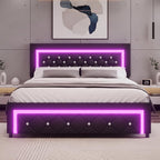 BarnFurin Queen Size Bed Frame with LED Lights, Upholstered Platform Bed with Diamond Tufted Headboard, No Box Spring Needed, Noise Free, Easy Assembly, Black