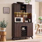 OKD 72" Tall Fluted Coffee Bar Cabinet with Ample Storage, Modern Buffet Sideboard with Glass Holder/Wine Rack/Led Lights/Charging Station, Wine Cabinet for Kitchen, Dining Room, Home Bar, Dark Walnut