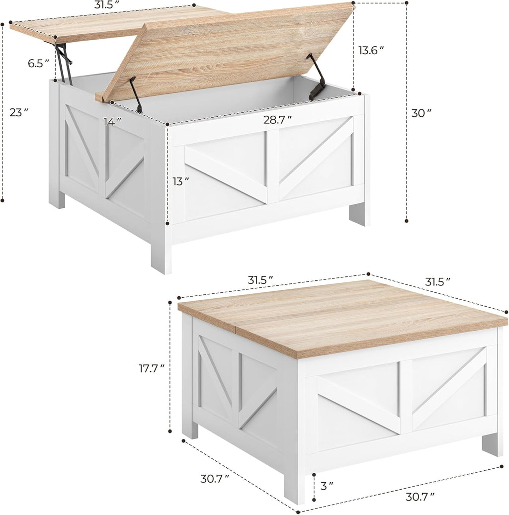 Yaheetech Farmhouse Lift Top Coffee Table with Storage, Square Coffee Table for Living Room, 31.5 Inches Center Tables with Large Hidden Storage Compartment for Home Office, White & Light Oak