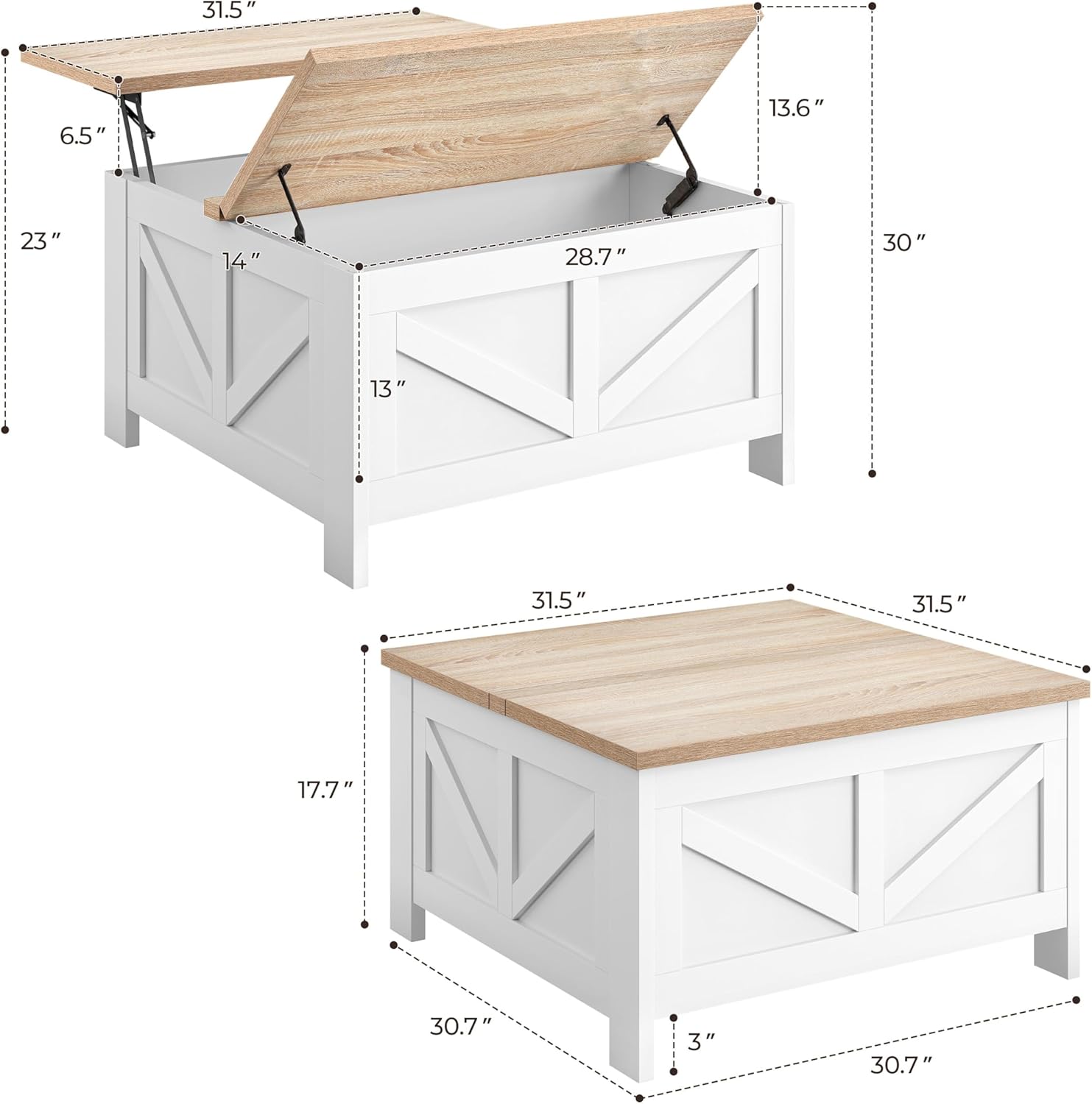 Yaheetech Farmhouse Lift Top Coffee Table with Storage, Square Coffee Table for Living Room, 31.5 Inches Center Tables with Large Hidden Storage Compartment for Home Office, White & Light Oak