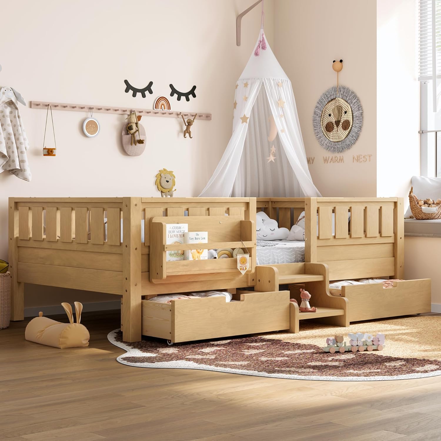 Bellemave Twin Size Bed with Slats and Stairs, Twin Size Platform Bed Frame with Fence, Bookshelf and Storage Drawers, Easy Assemble Beds for Girls, Boys, Light Natural