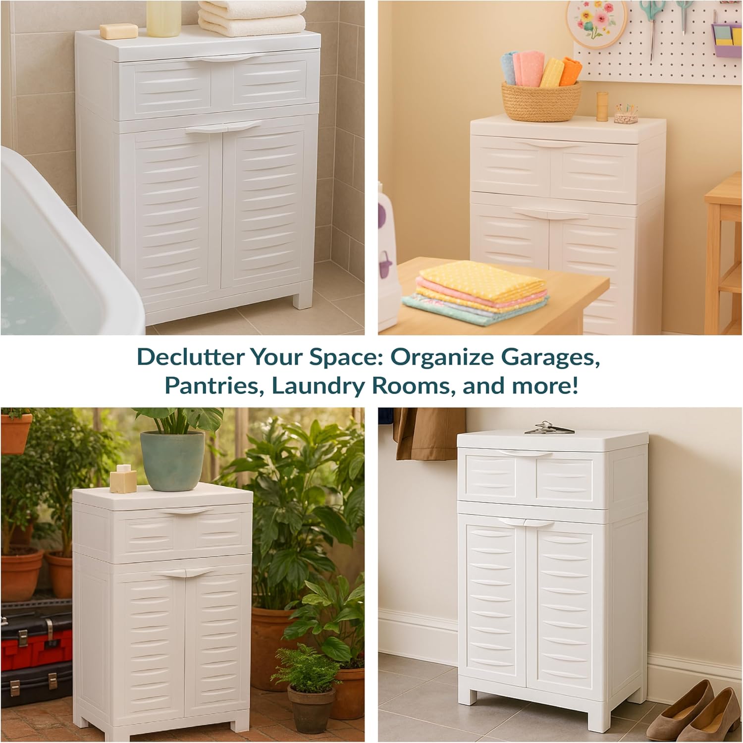Sunnydaze 34.5" H Resin Garage Storage Cabinet - Garage Cabinet with Adjustable Shelf - Freestanding Utility Storage for Laundry Room, Office, Basement - Speckled White