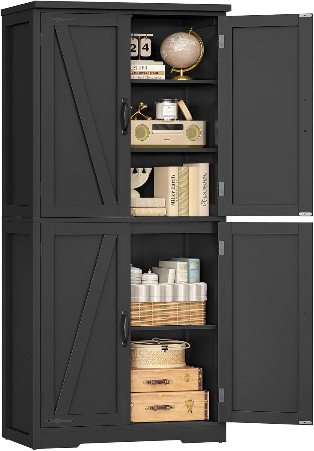 TEENFON 58" H Storage Cabinet with Adjustable Shelf, Kitchen Cabinet with 4 Doors, Farmhouse Pantry Cabinets, Cupboard for Kitchen, Bathroom, Living Room, Black