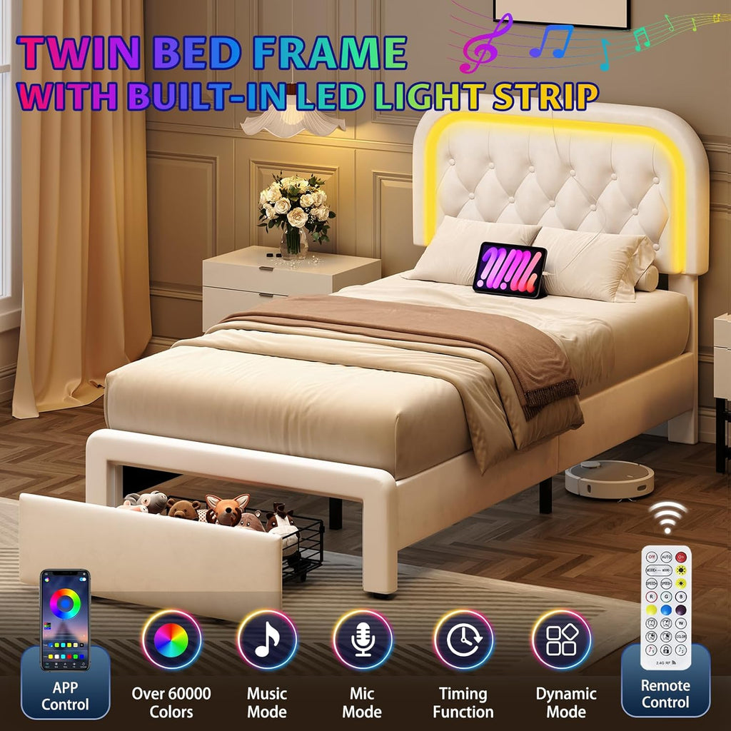 Twin Upholstered LED Bed Frame with Large Storage Drawer & Charging Station, Velvet Platform Bed with Stylish Rectangular Rounded Corner Headboard, Wooden Slats Support, No Box Spring Needed, Beige
