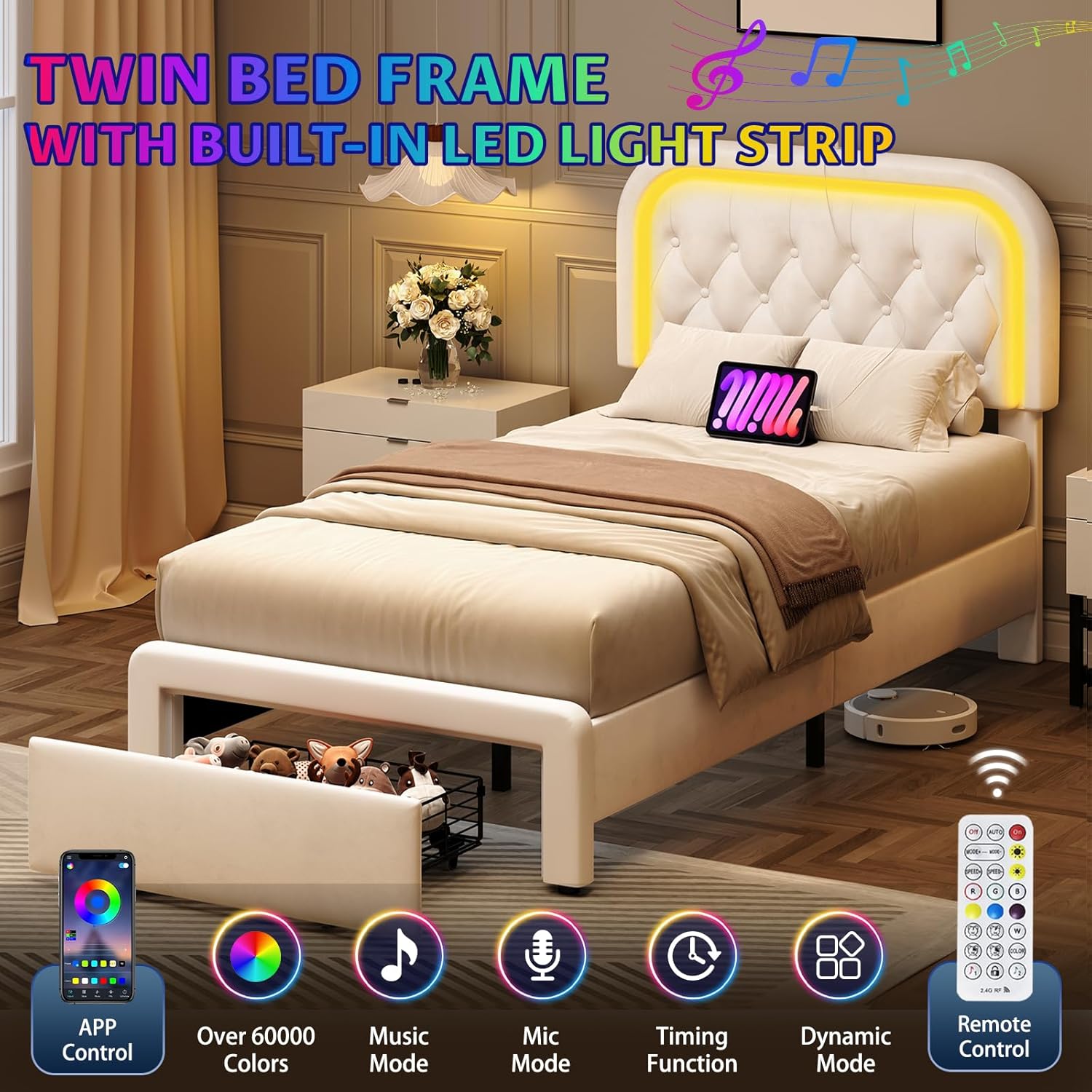 Twin Upholstered LED Bed Frame with Large Storage Drawer & Charging Station, Velvet Platform Bed with Stylish Rectangular Rounded Corner Headboard, Wooden Slats Support, No Box Spring Needed, Beige