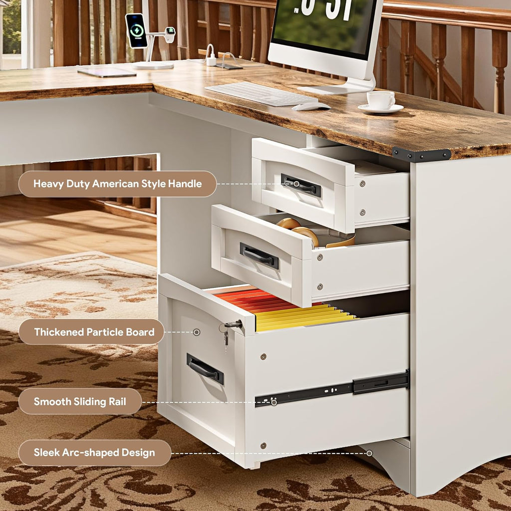L Shaped Farmhouse Executive Desk with Drawers, 67" Home Office Desks with Fast Charging Station, Lockable File Cabinet, Wood Writing Computer Desk for Work, Study, White