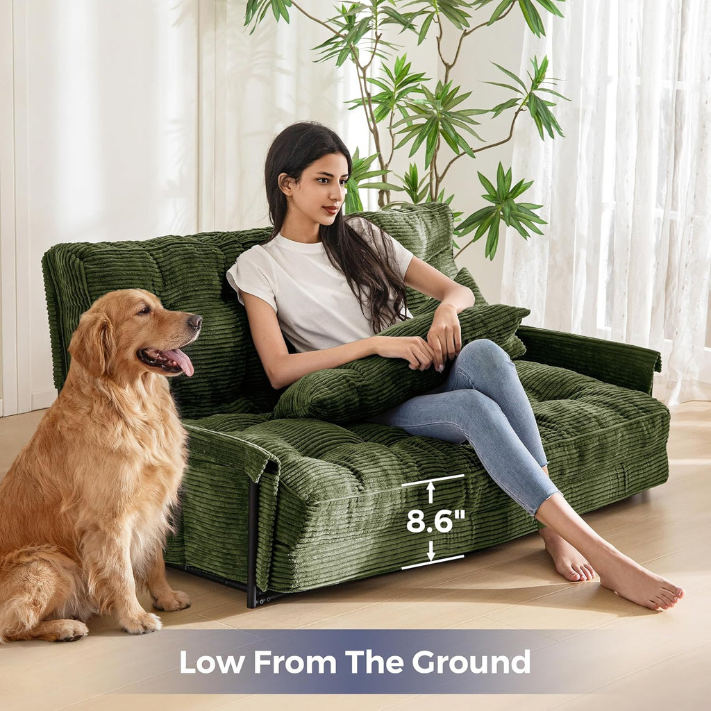 MAXYOYO Adjustable Floor Sofa Couch with 2 Pillows, Multi-Functional Bean Bag Bed, 5-Position Foldable Lazy Sofa Sleeper Bed with Armrest, Versatile Floor Seating for Reading, Dark Green, Double