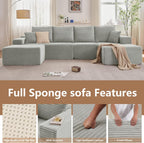 135.4" Modular Sectional Sofa with Ottoman, Modern Corduroy Cloud Couch with Deep Seat, Boneless Couch Upholstered 4-Seater U-Shaped Sofa for Living Room, No Assembly (Grey, Right-Facing Chaise)