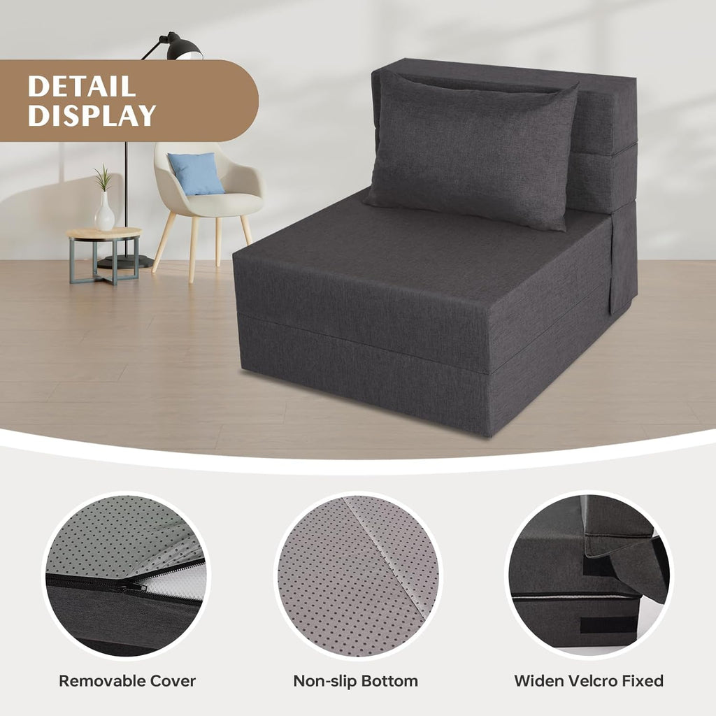 Fvkind Folding Sofa Bed, Foldable Sleeper Chair with Washable Cover, Convertible Futon Sofa Bed with Pillow, Fold Out Couch for Living Room, Dorm, Guest Room, Single Size, Dark Grey