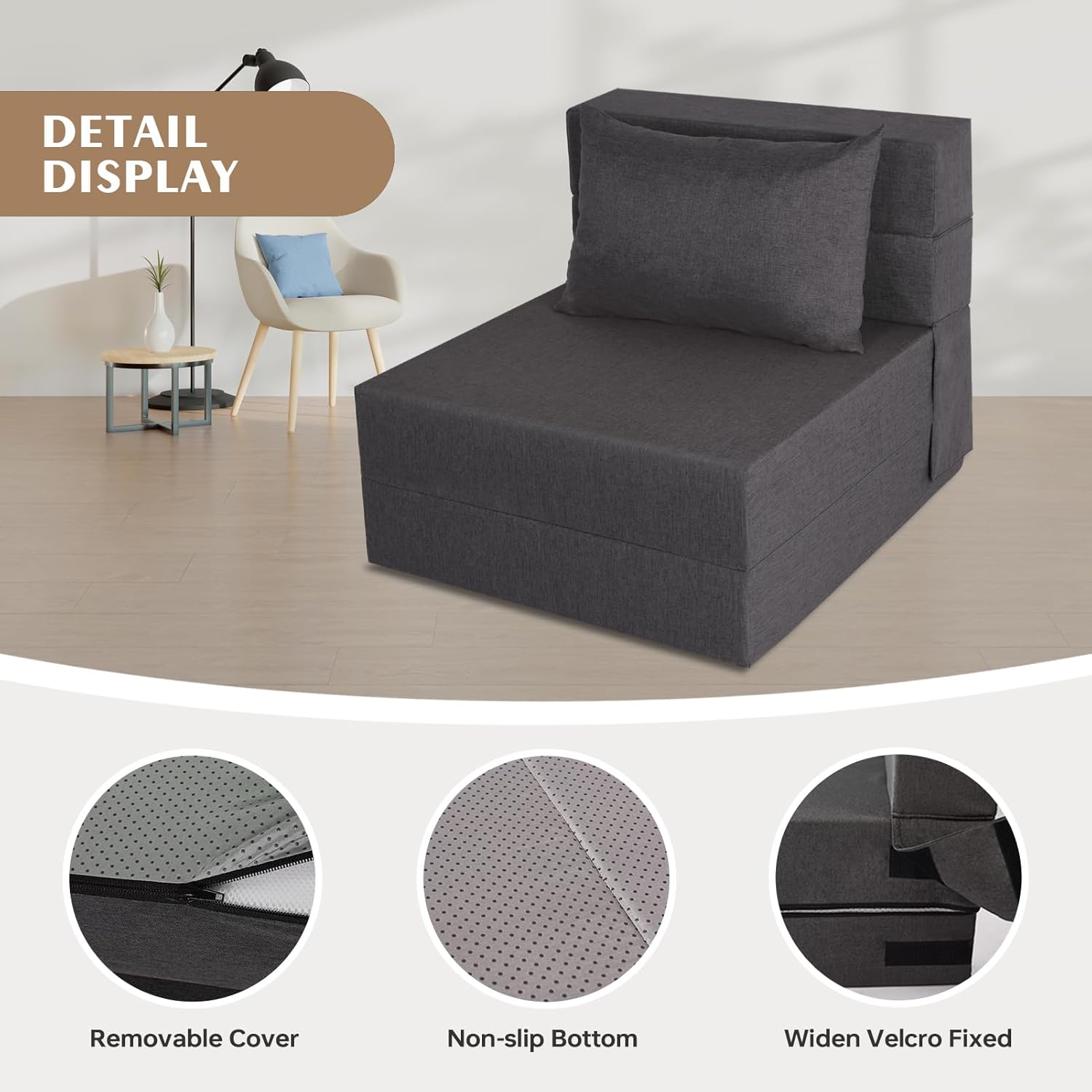 Fvkind Folding Sofa Bed, Foldable Sleeper Chair with Washable Cover, Convertible Futon Sofa Bed with Pillow, Fold Out Couch for Living Room, Dorm, Guest Room, Single Size, Dark Grey
