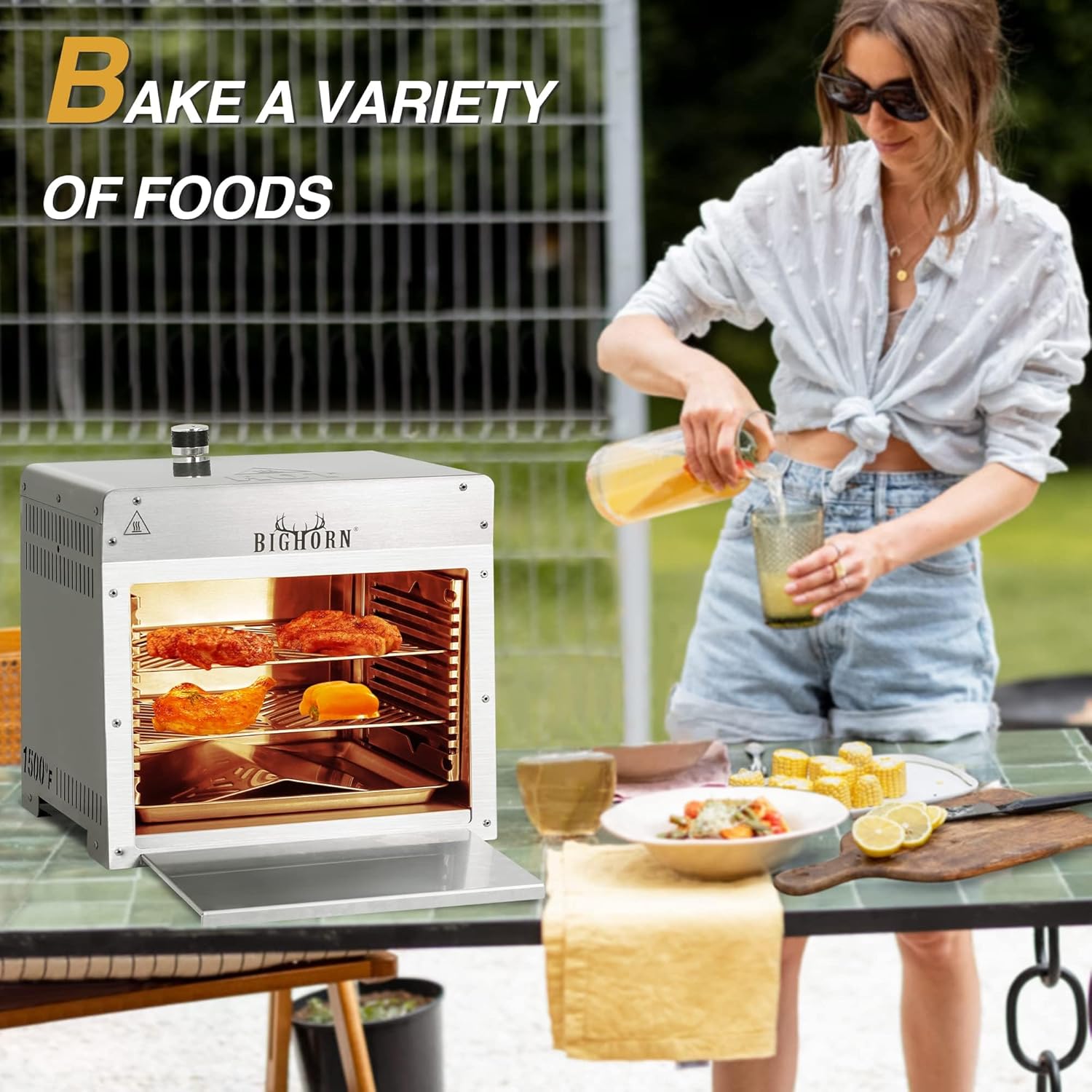 BIG HORN OUTDOORS 1500°F Small Infrared Propane Gas Grill – Portable Steak Broiler & Sear Station  Outdoor Salamander BBQ with Pizza Stone  Stainless Steel