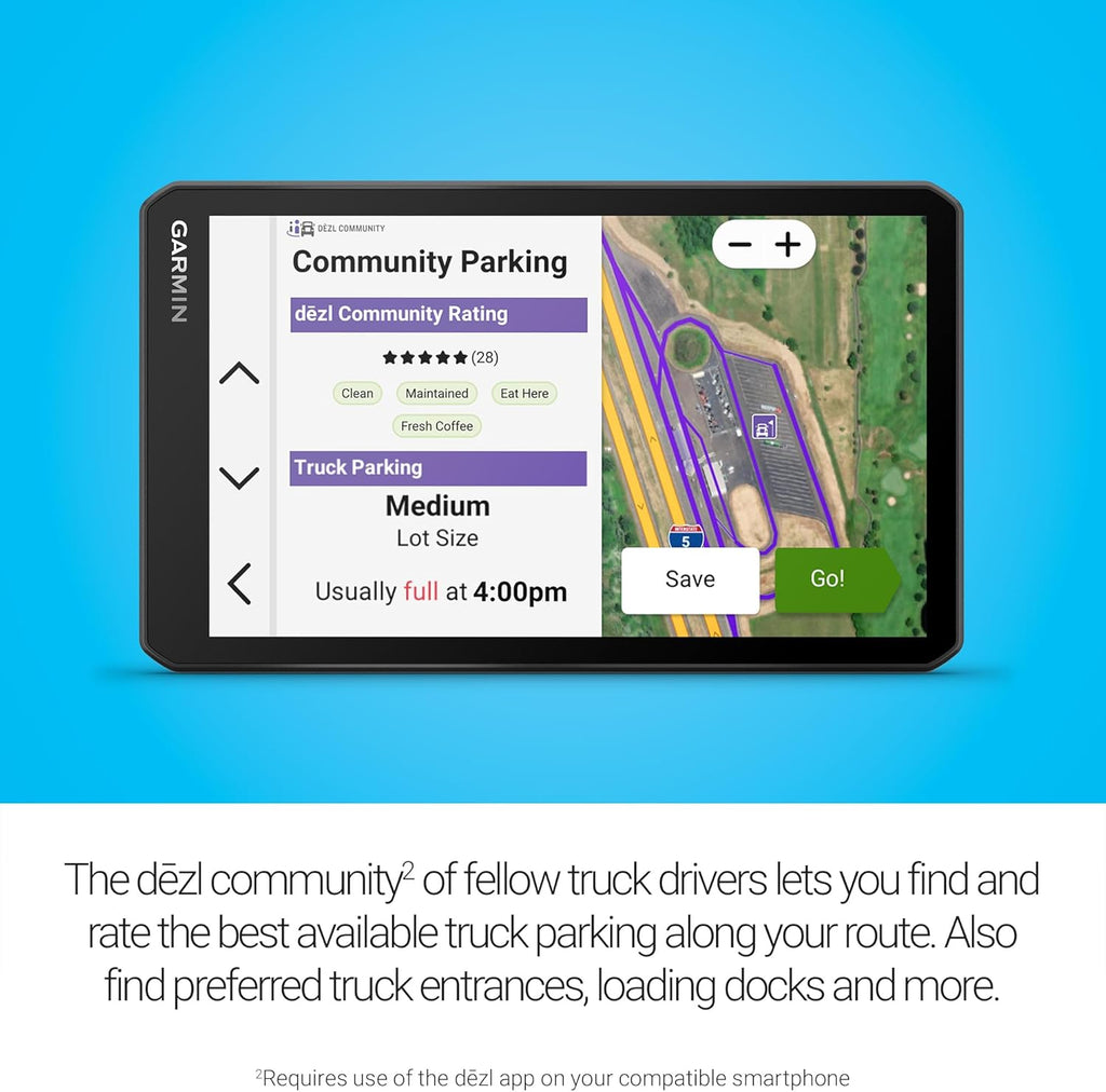 Garmin dezl OTR720  Large 7' GPS Navigator  Custom Truck Routing  Satellite Imagery  Wind Speed  Community-Shared Loading Docks & Parking Availability