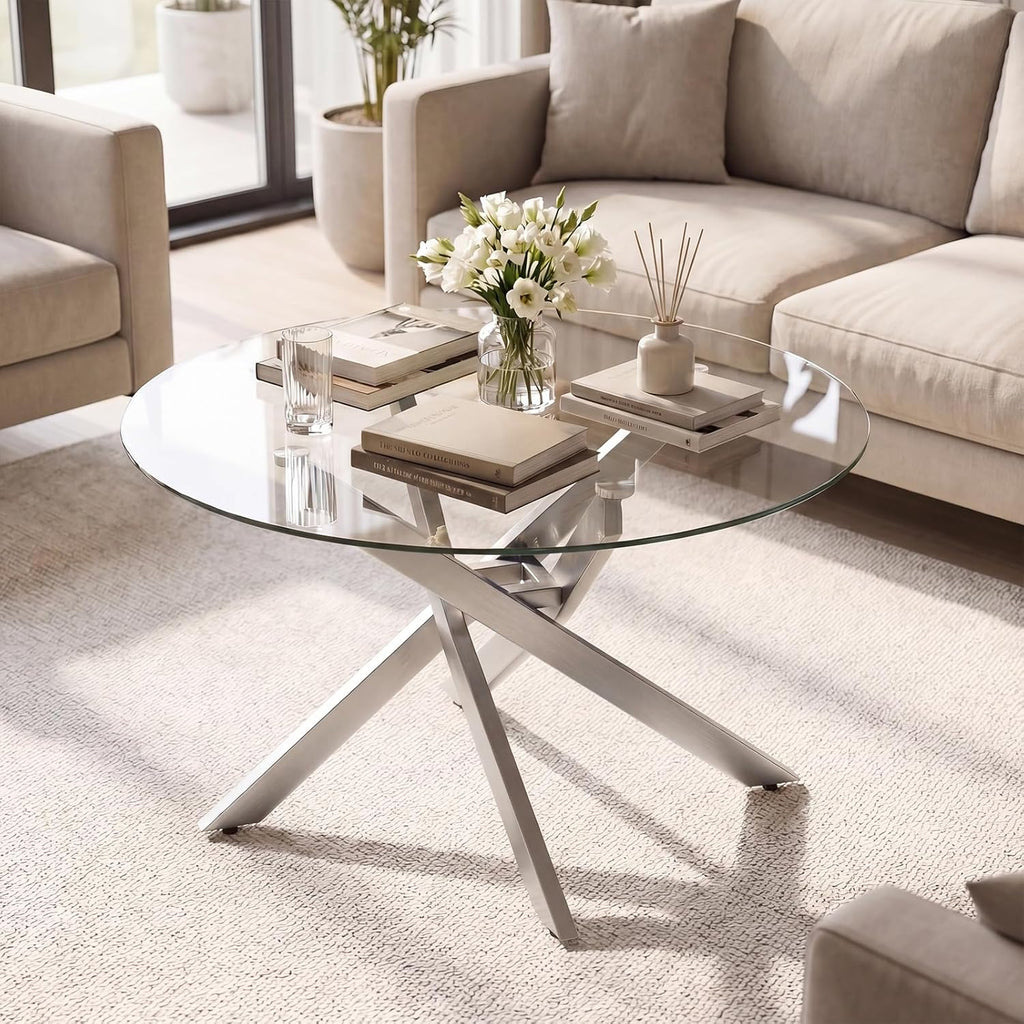 Giantex Round Glass Coffee Table, 31.5" Modern Center Table with Tempered Glass Top & Geometric Metal Frame, Clear Accent Cocktail Table, Small Coffee Table for Living Room, Small Spaces (Silver)