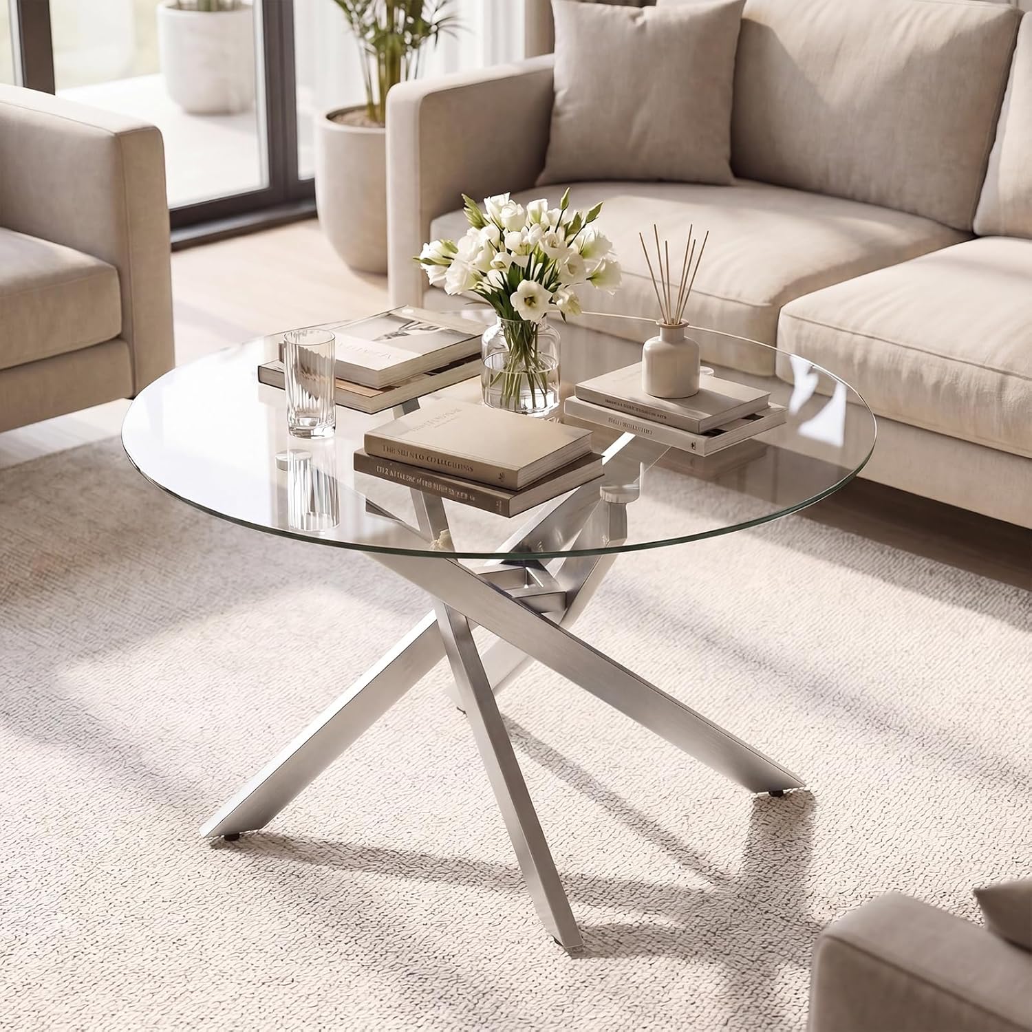 Giantex Round Glass Coffee Table, 31.5" Modern Center Table with Tempered Glass Top & Geometric Metal Frame, Clear Accent Cocktail Table, Small Coffee Table for Living Room, Small Spaces (Silver)