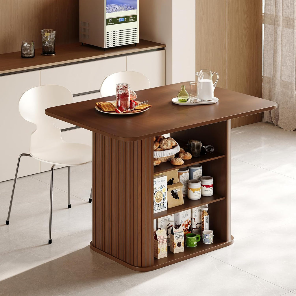 FUQARHY Dining Table for 4, Small Rectangular Kitchen Table for 2 with 3-Tier Storage Shelf, Farmhouse Modern Fluted Wood Table (Walnut)