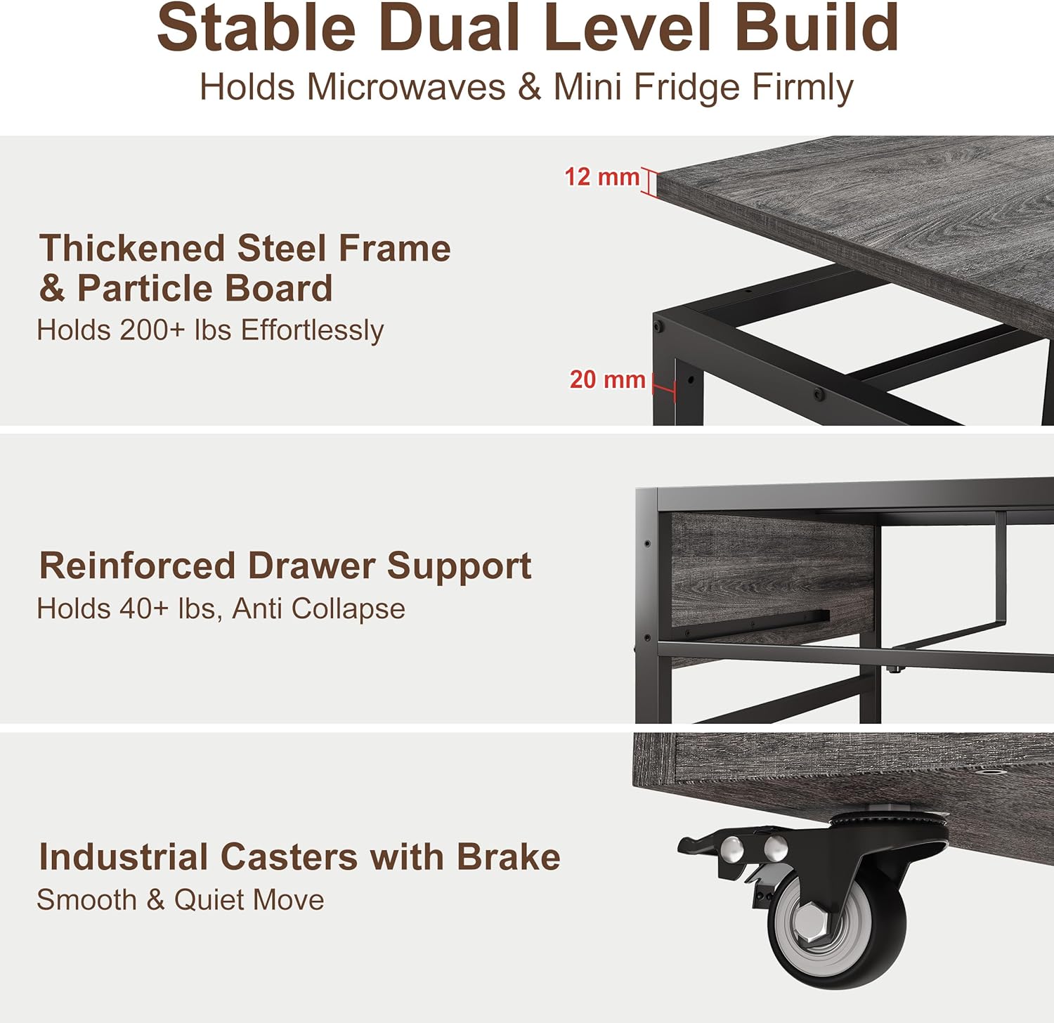 Mini Fridge Stand Cabinet Table Station With Storage Drawers For Dorm Refrigerator To Sit On, Heavy Duty Small Cart With Wheels, Grey Office Beverage Shelf and Power Outlet, Sturdy Bedroom Nightstand