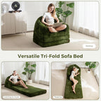 MAXYOYO Folding Sofa Bed, 2 in 1 Convertible Sofa to Lounger Comfy Single Bean Bag Chair for Adults, Floor Sleeper Couch with Handle, Faux Fur Couch Bed for Living Room Bedroom, Green