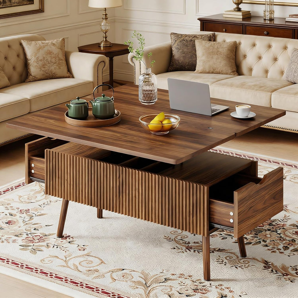 40" Lift Top Coffee Table, 4 in 1 Multi-Function Coffee Tables with Storage Drawers and Lift Tabletop, Mid Century Modern Dining Table Fluted Center Table for Living Room, Walnut