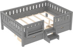 Bellemave Full Size Bed Frame with Storage Drawers & Bookshelf, Low Profile Kids Bed with Staircase & Full Length Guardrails, Solid Wood Full Size Bed Frame Kids with Slats Load 450 LBS, Grey