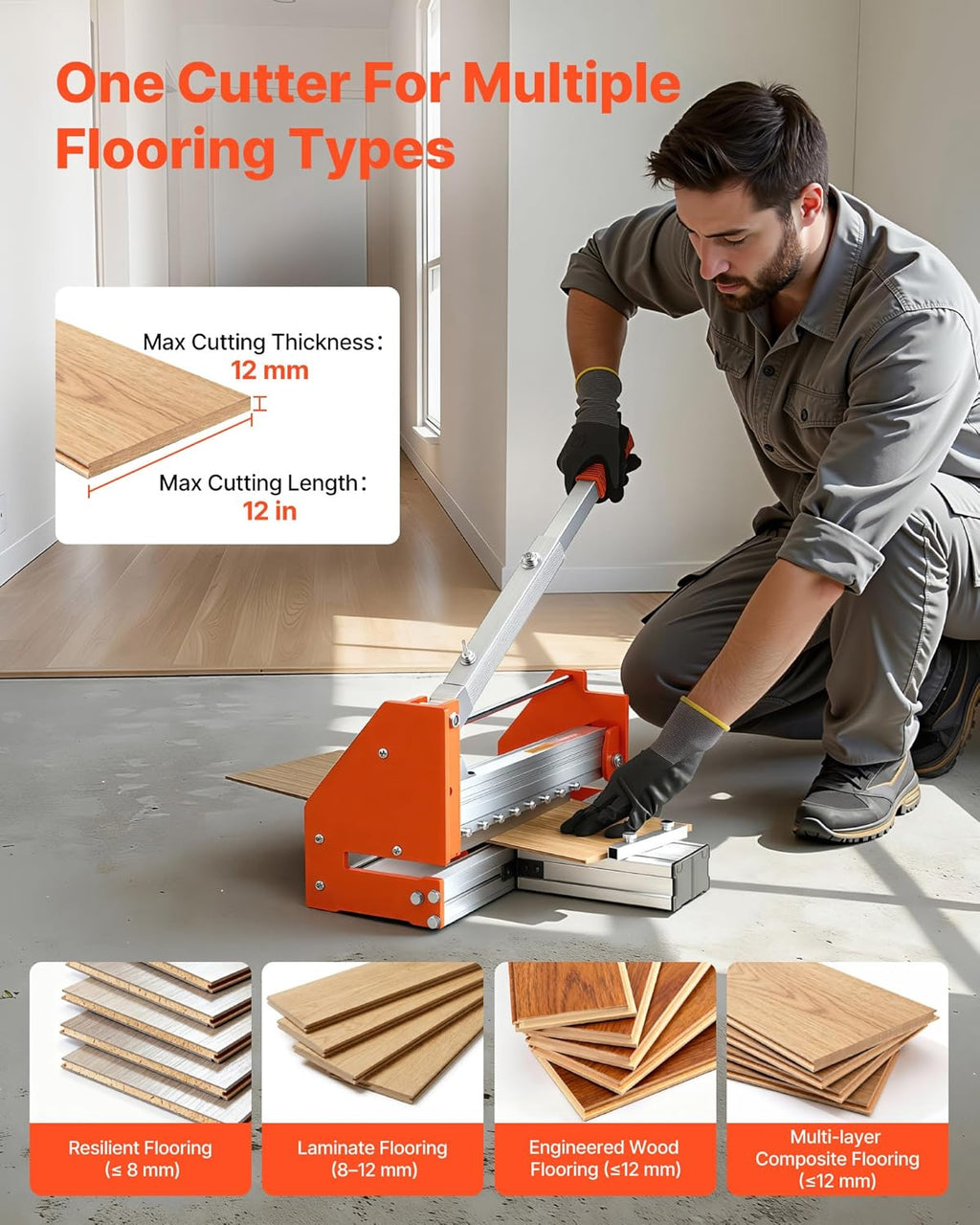 VEVOR 12 inch Vinyl Floor Cutter, 12mm Thick Laminate Flooring Cutter with Upgraded Labor-Saving Aluminum-Alloy Lever, Telescoping Support Plate, Cuts Certain Engineered Wood, LVT, VCT, SPC, LVP, WPC
