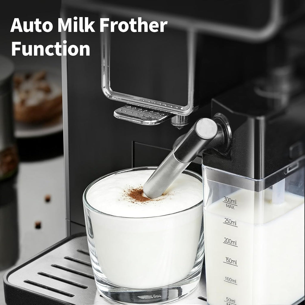 Automatic Espresso Machine with Grinder and Milk Frother - Grinder Coffee Machine Expresso Maker with 7 One-Touch Coffee Recipes for Latte, Cappuccino, Americano, Iced and Hot Coffee (Black)