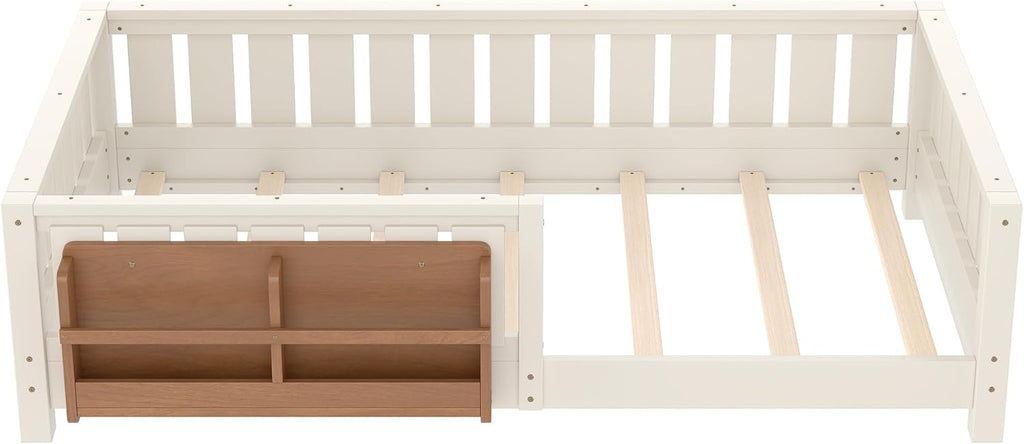 Bellemave Twin Floor Bed with Slats and Safety Guardrail, Twin Size Montessori Floor Bed with Fence and Built-in Bookshelf, Easy Assemble Montessori Beds for Kids, Girls, Boys, Beige