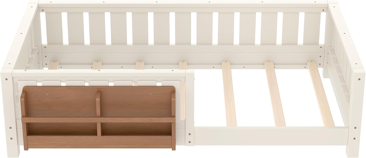 Bellemave Twin Floor Bed with Slats and Safety Guardrail, Twin Size Montessori Floor Bed with Fence and Built-in Bookshelf, Easy Assemble Montessori Beds for Kids, Girls, Boys, Beige