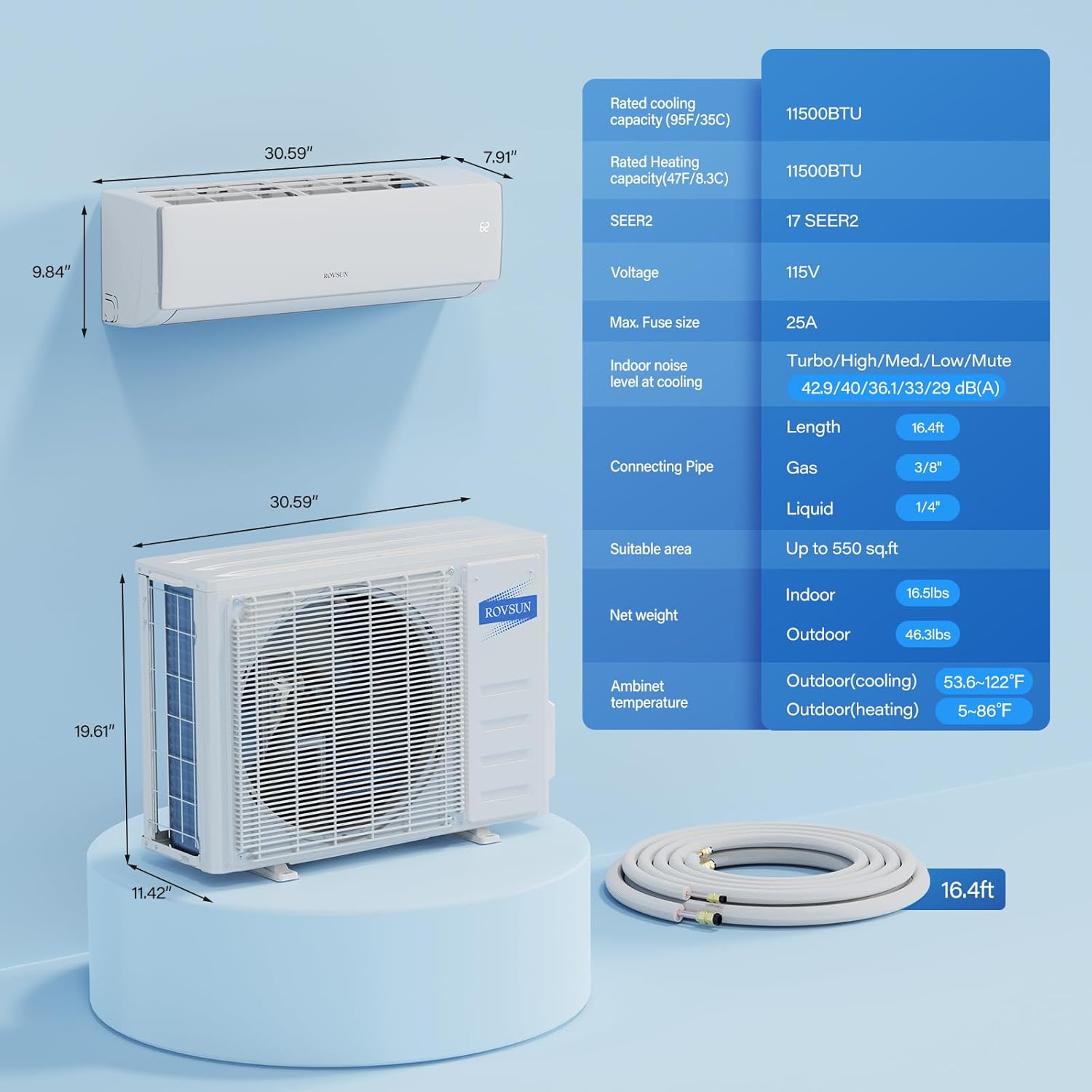 ROVSUN 11500 BTU Wifi Enabled Mini Split Air Conditioner & Heater, 17 SEER2 115V Inverter Ductless Wall AC Unit with Pre-Charged Condenser, Heat Pump & Installation Kit