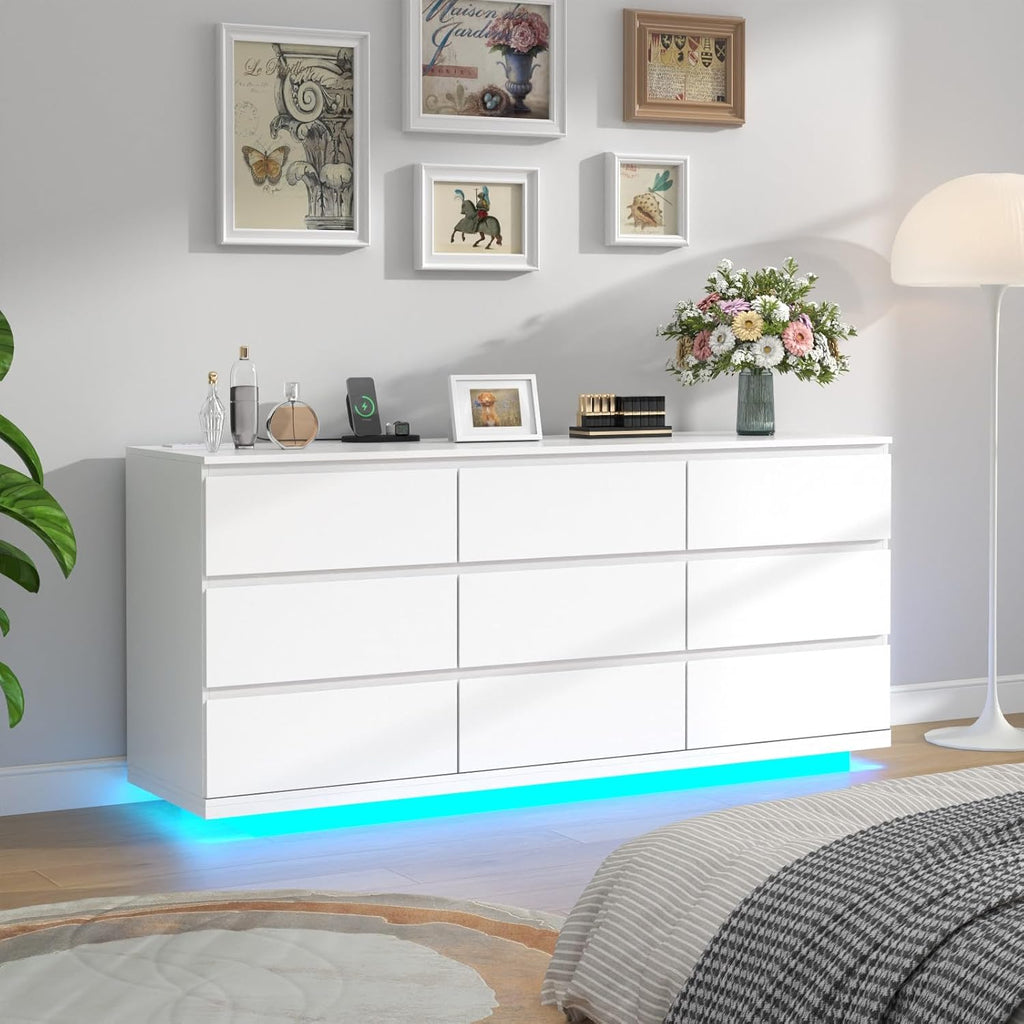 9 Drawer Dresser with Power Outlet, Floating White Dresser Chest of Drawer with LED Light,Modern Double Wide Drawer Organizer Cabinet for Bedroom,Living Room (9 Drawer-White)
