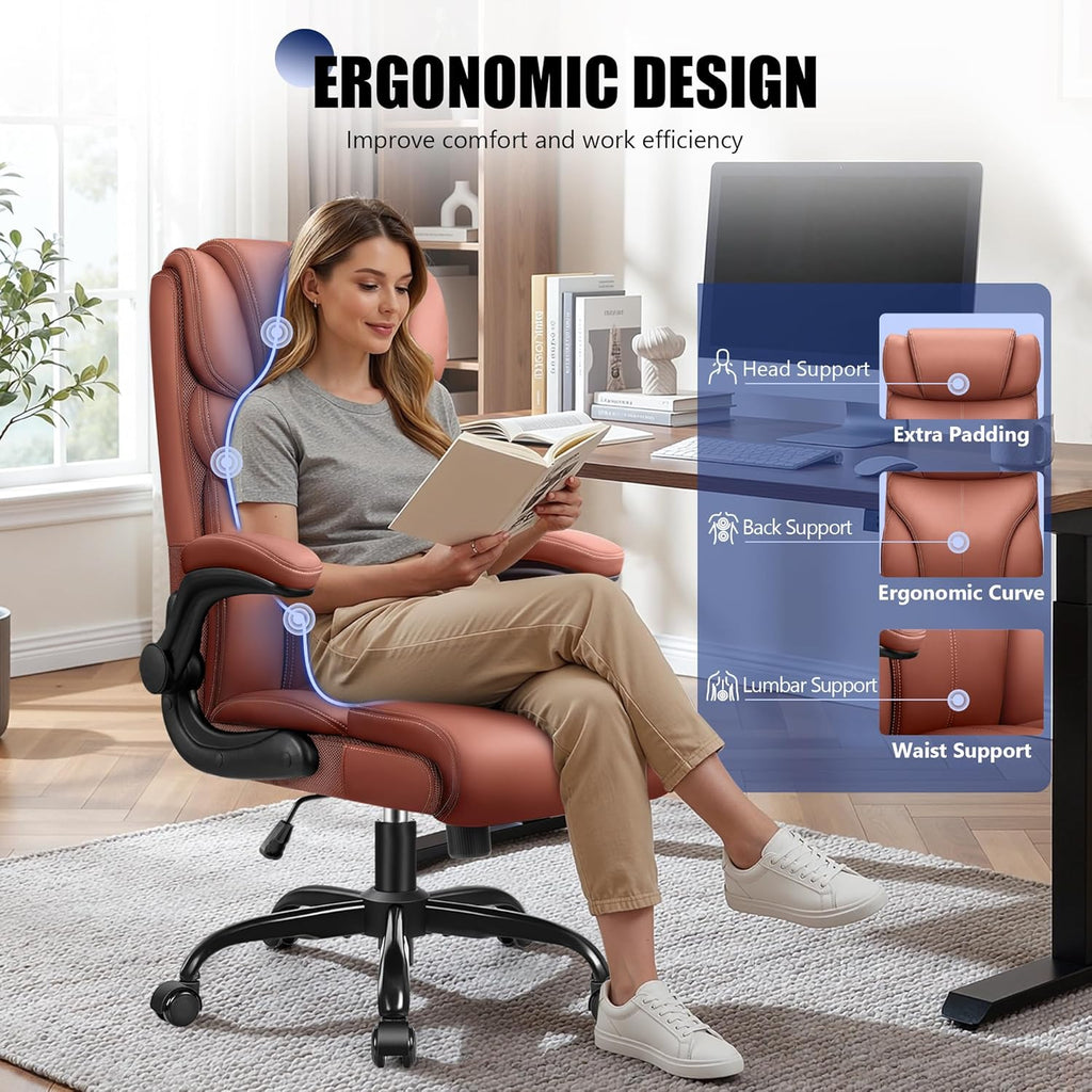 Primy Office Chair, Ergonomic Leather Desk Chair with Flip-up Armrests, Big and Tall High Back Executive Computer & Gaming Chair with Footrest, Comfy Padded, Rocking Function and Lumbar Support(Brown)