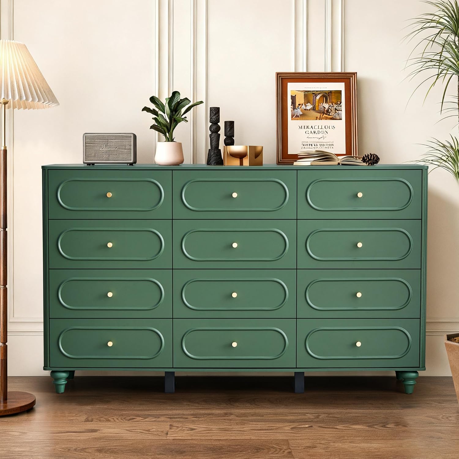 ORRD 12 Drawer Fluted Dresser for Bedroom, Mid Century Modern Chest of Drawers, Wood Storage Small Dresser Organizer for Bedroom Living Room Hallway Closet, Green