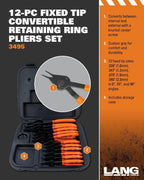 Lang Tools (3495) 12-Piece Fixed Tip Combination Internal/External Snap Ring Pliers Set