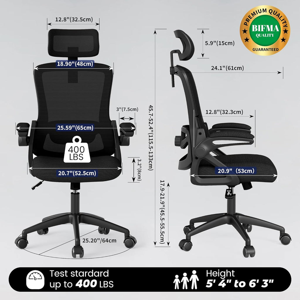 Fizzin Office Chair, Ergonomic Office Chair with High Back Mesh and Adjustable Lumbar Support, Home Mesh Office Desk Chairs with Wheels, Comfortable Gaming Chair for Long Hours (Deep Black)