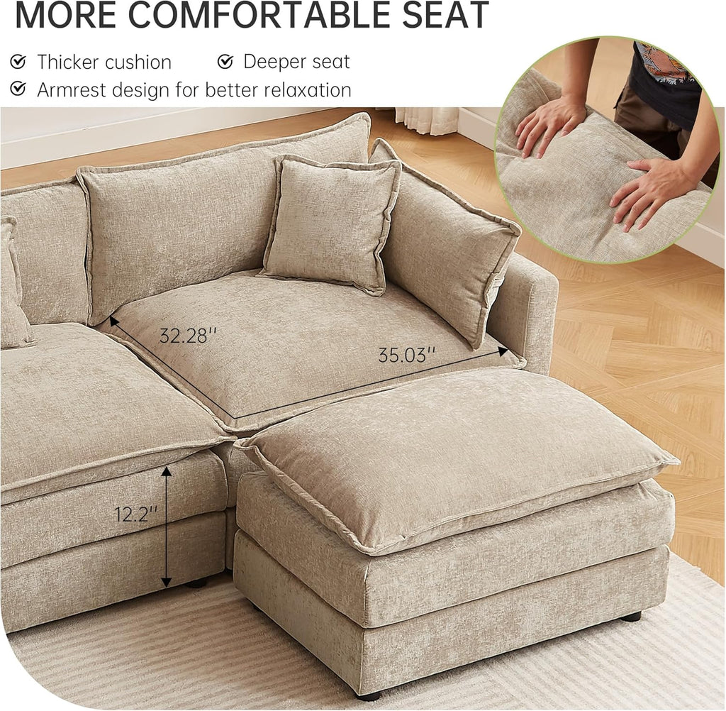 Modular Sectional Sofa, 112.2 Inch L Shaped Couch Set with Armrests, 3-Seater Comfy Cloud Couches for Living Room Apartment, Coffee