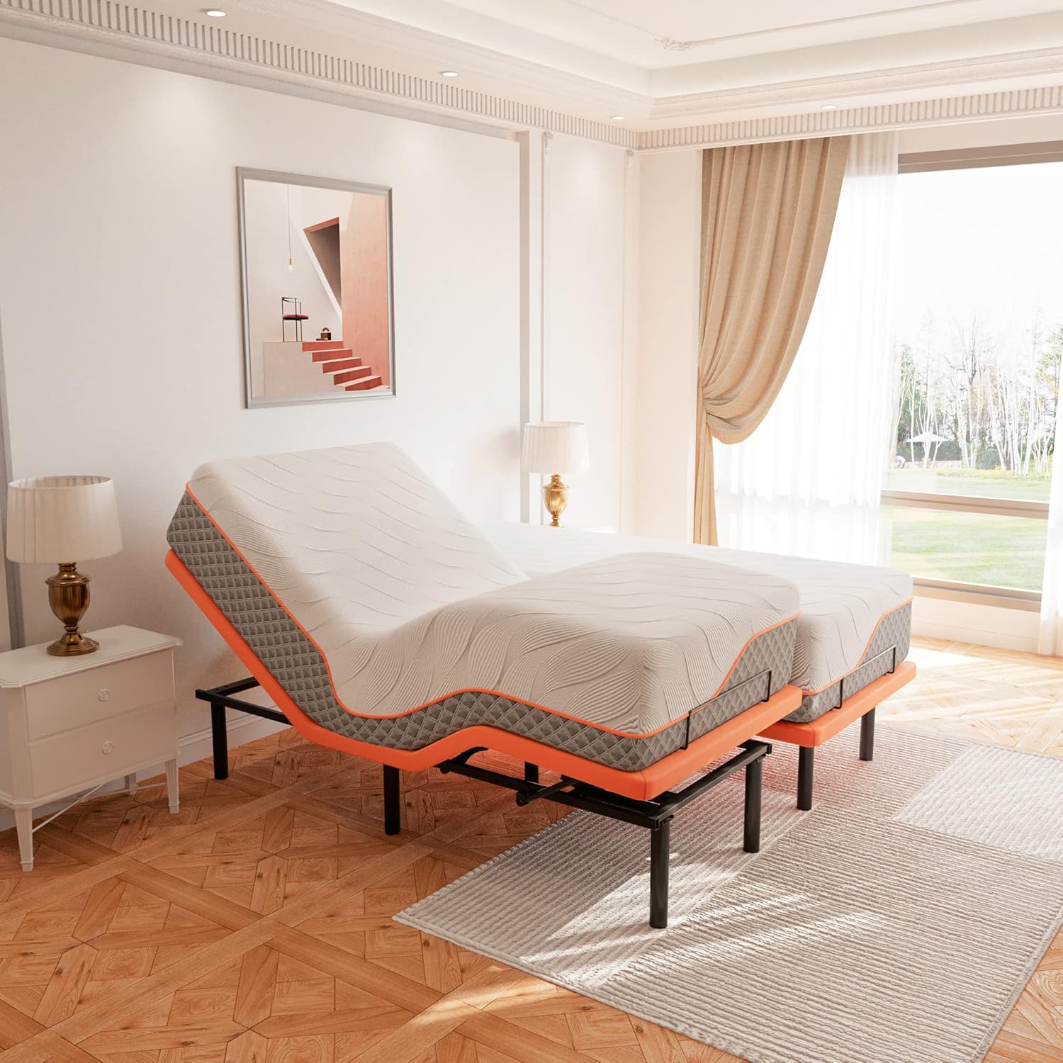 ESHINE Split King Adjustable Bed Frame with Mattress(Medium Soft), Memory Foam Hybrid 14" Mattress, Wireless Remote, APP Control, 5 Minutes Installation, Head and Foot Incline, 2000 Series