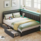 LIKIMIO Full Corner Bed Frame with Storage Drawers and Charging Station, Modern Full Daybed with LED Lights and Upholstered Guardrail, Gray