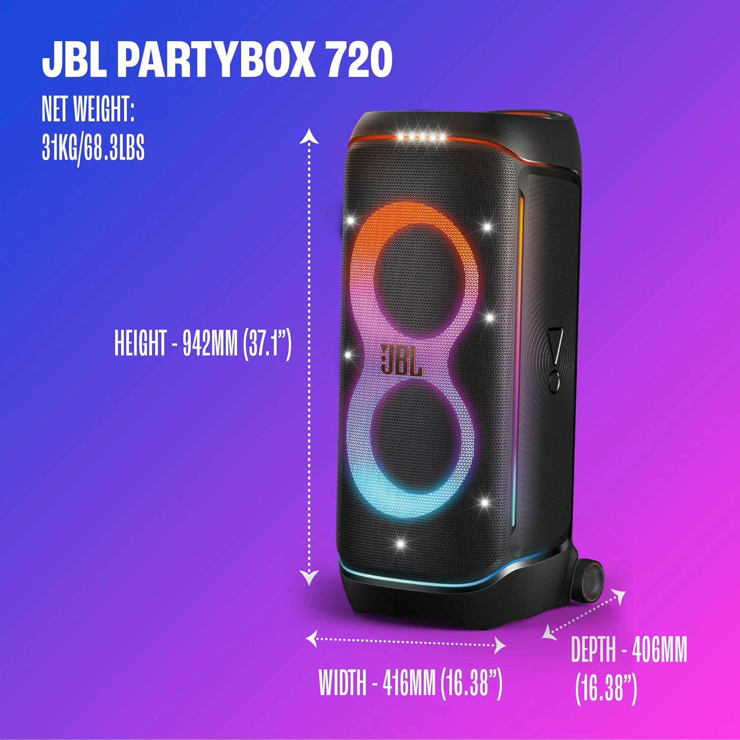 JBL PartyBox 720 - Loudest Battery-Powered Party Speaker with Superior Pro Sound and a Futuristic lightshow  Up to 15 Hours Playtime & IPX4 Splash Proof (Black)