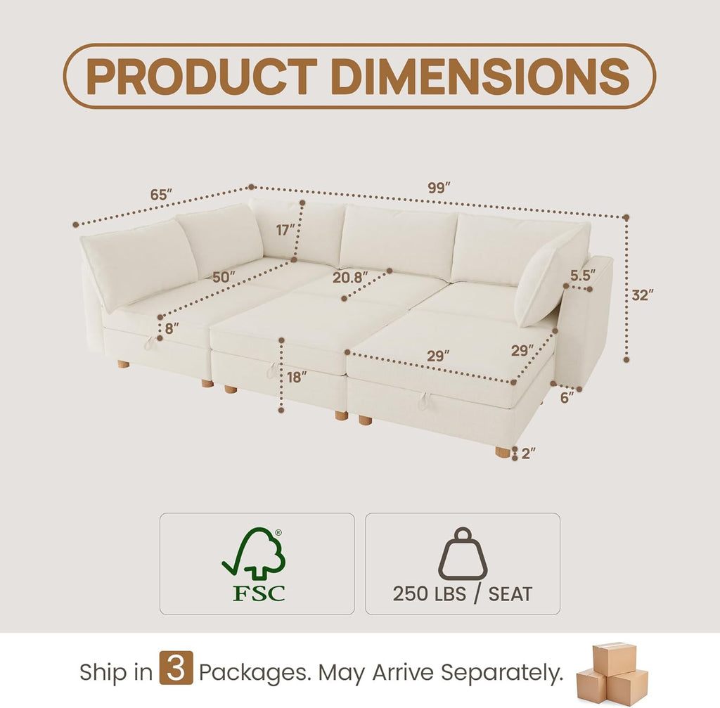 99" Chenille Modular Sectional Sofa Bed Hidden Storage, Convertible L U Shaped Sleeper Couch, 6 Seat Modern Modular Sectional Sofa with Washable Covers & Ottoman Chaise, for Living Room, Beige