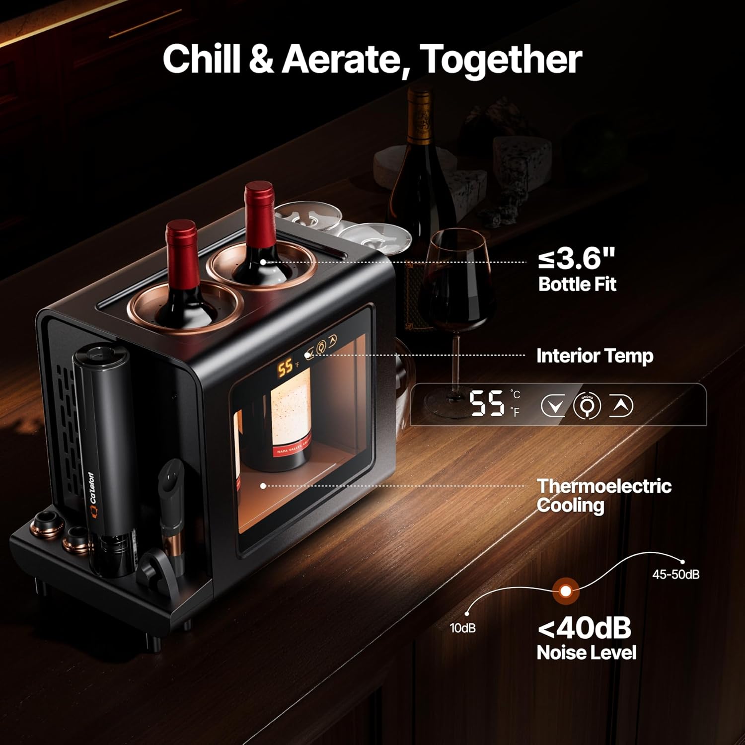 Ca'Lefort Electric Wine Chiller - 46-64°F Wine Cooler for 2 Standard Bottles (3.6" Dia.), All-in-1 Set Electric Opener & 2 Glasses, Perfect for Red, White, Champagne at Home/Office, Gift for Men Women