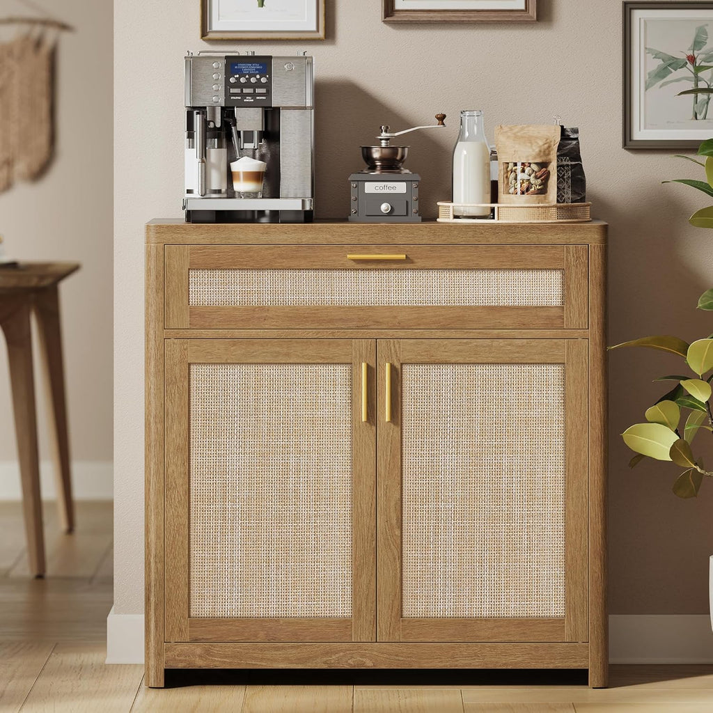 VASAGLE ELLAN Collection - Boho Buffet Cabinet with Rattan-Look Doors, Sideboard Storage Cabinet, Rounded Corners, Adjustable Shelf, Drawer, for Kitchen, Natural Brown UBBK601KC01