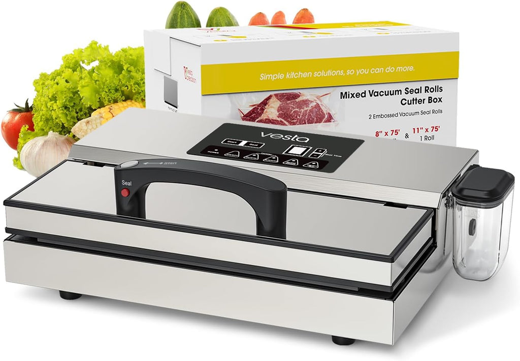 Vesta Precision Food Saver Vacuum Sealer Machine, 95kPa Commercial Grade Vacuum Sealer for Food, 12" Wide Sealing Bar & Smart Seal Design, Ideal for Sous Vide, includes Patented Cutter Box with Bags