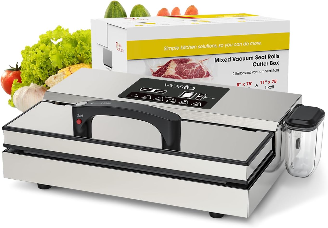 Vesta Precision Food Saver Vacuum Sealer Machine, 95kPa Commercial Grade Vacuum Sealer for Food, 12" Wide Sealing Bar & Smart Seal Design, Ideal for Sous Vide, includes Patented Cutter Box with Bags
