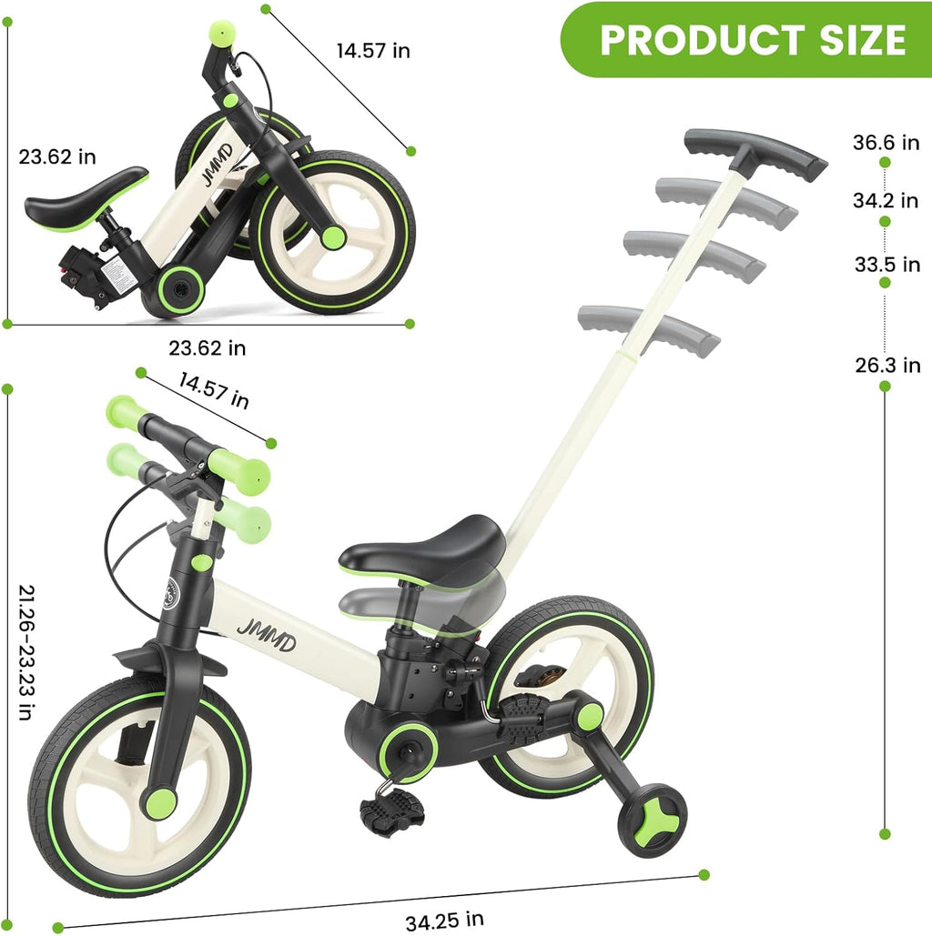 JMMD 6 in 1 Toddler Bike with Push Handle for Kids 18-60 Months, 12" Foldable Balance Bike with Training Wheels, Pedals, Brakes, Kickstand, Push Tricycle Toddler Gift & Toys for Boy & Girl