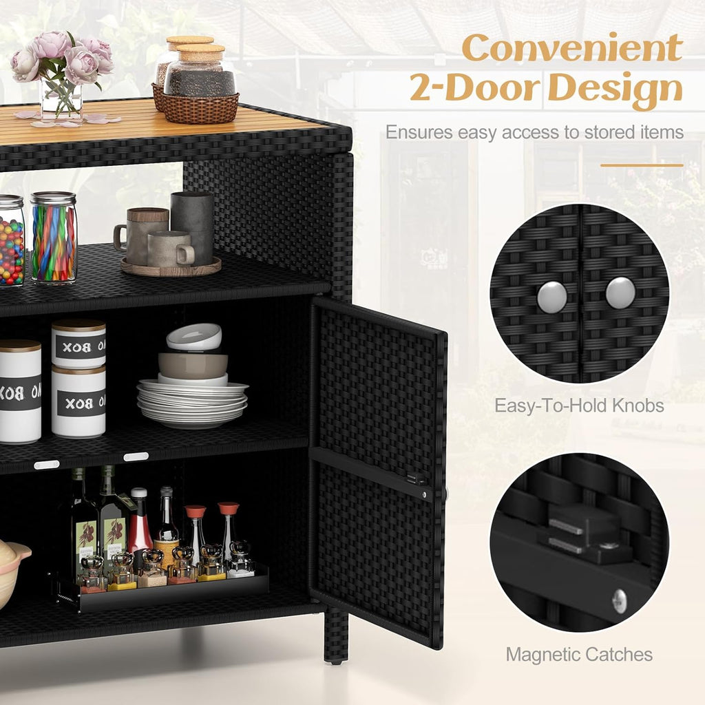 Tangkula Rattan Outdoor Storage Cabinet, Patiojoy Outdoor Cabinet with Acacia Wood Countertop, Open Compartment, 2-Door Wicker Sideboard, Outdoor Bar for Patio Garden Backyard Poolside (Black)