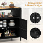 Tangkula Rattan Outdoor Storage Cabinet, Patiojoy Outdoor Cabinet with Acacia Wood Countertop, Open Compartment, 2-Door Wicker Sideboard, Outdoor Bar for Patio Garden Backyard Poolside (Black)