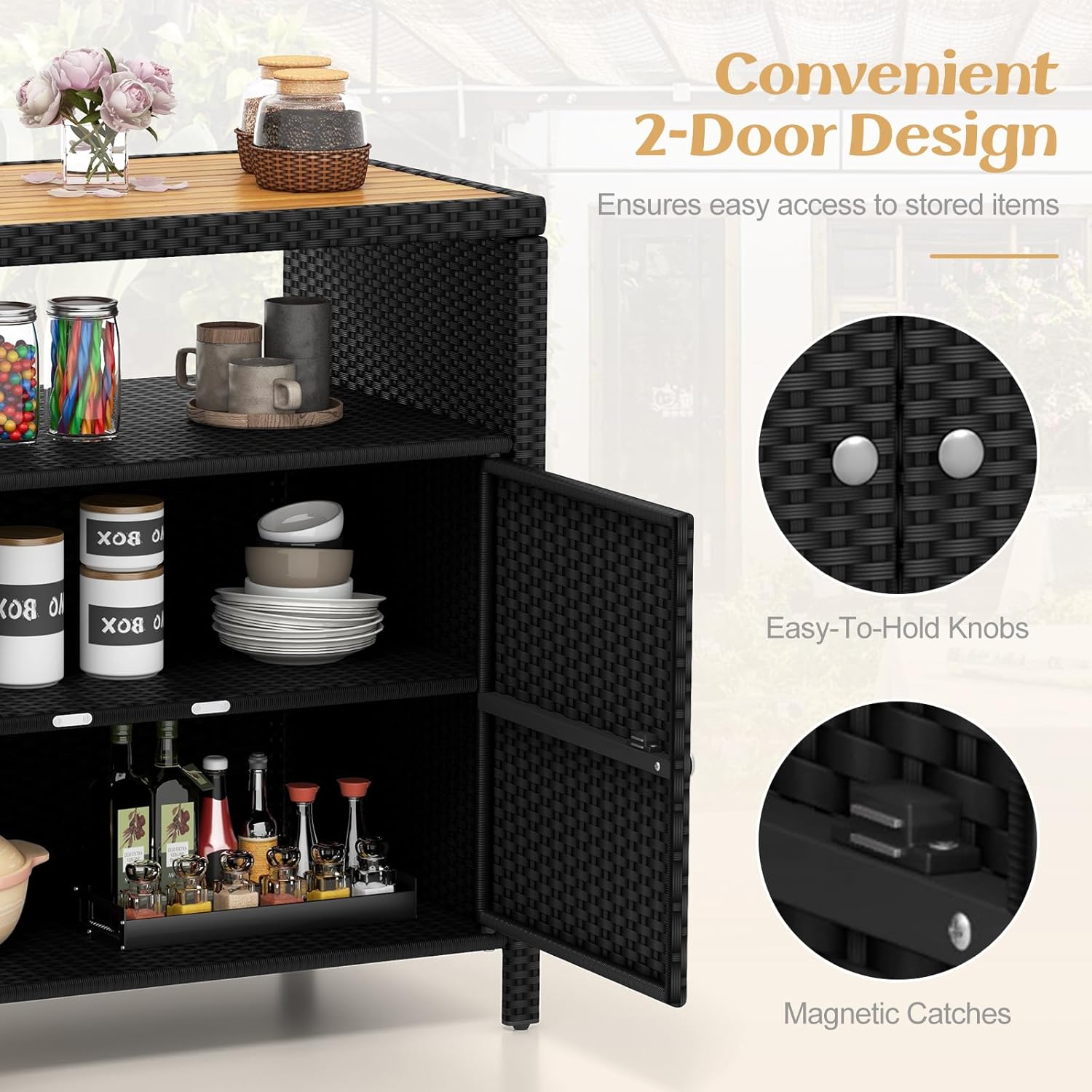 Tangkula Rattan Outdoor Storage Cabinet, Patiojoy Outdoor Cabinet with Acacia Wood Countertop, Open Compartment, 2-Door Wicker Sideboard, Outdoor Bar for Patio Garden Backyard Poolside (Black)