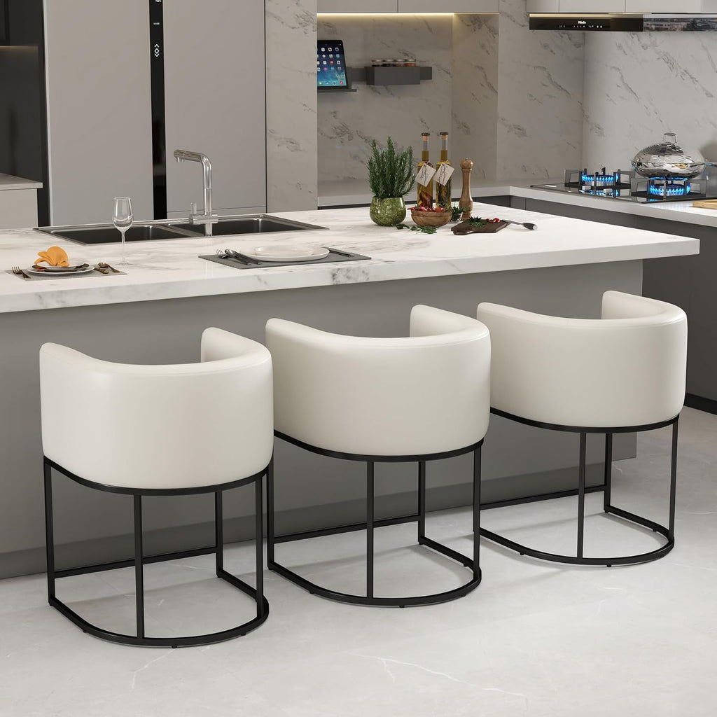 Modern Counter Height PU Leather Upholstered Bar Stools Set of 3, 24" Kitchen Counter Island Stools Bar Chairs with Black Metal Frame, White